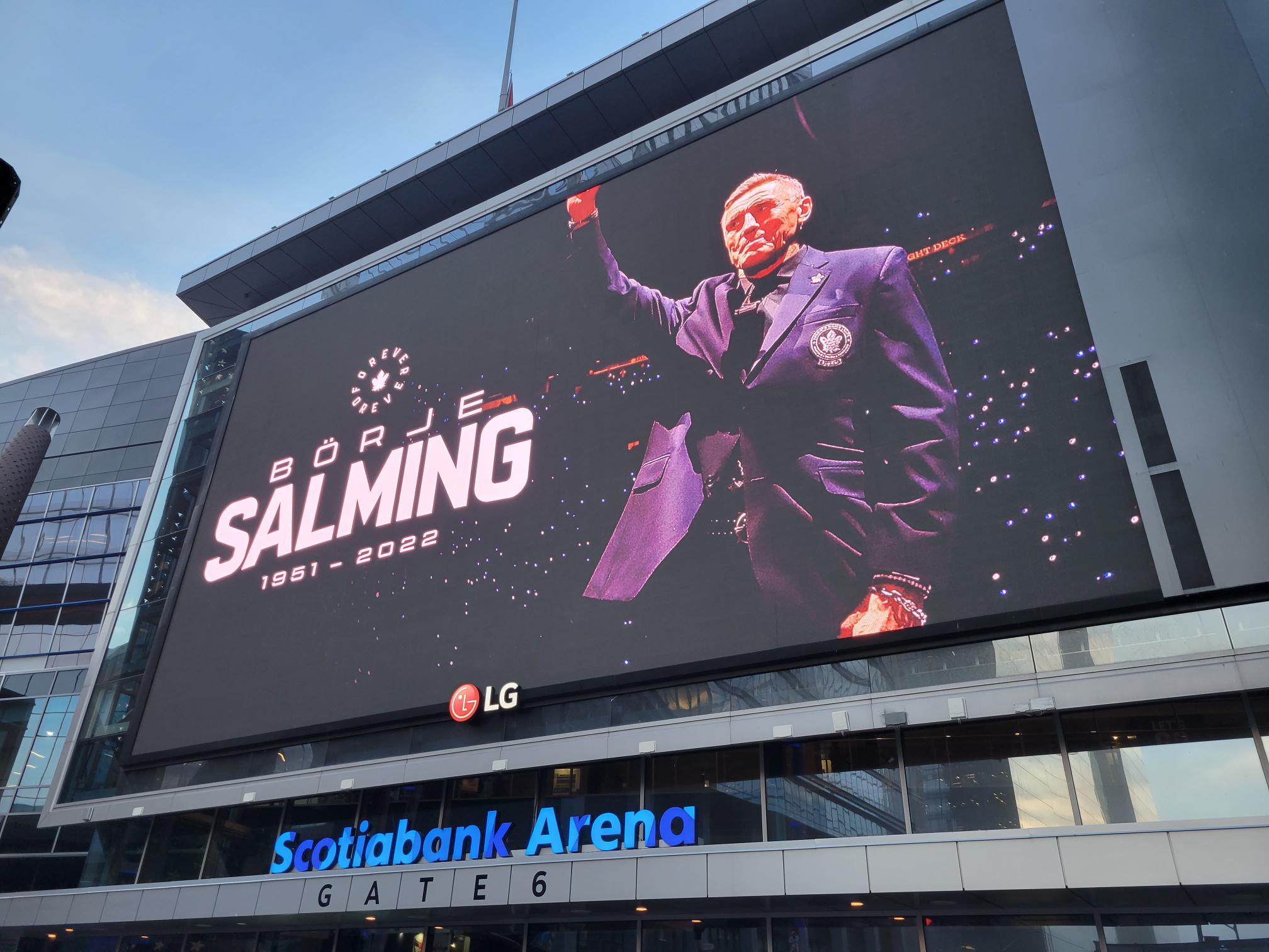 A photo honouring Borje Salming is shown at the Scotiabank Arena on November 24, 2022.