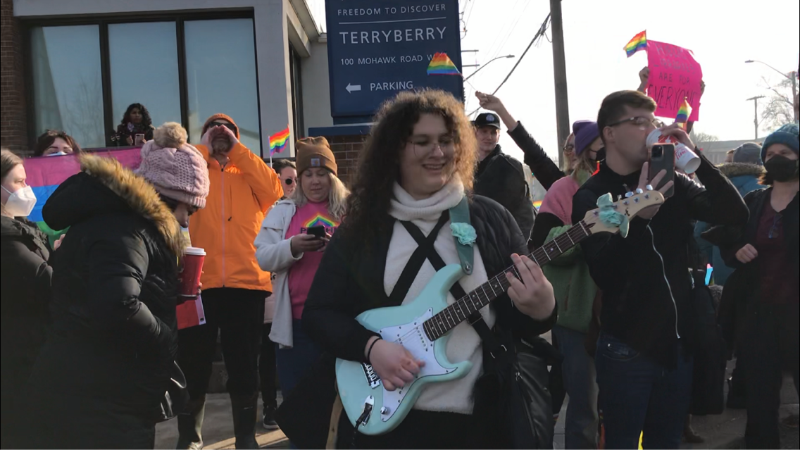 A group of counter-protesters say it was important to show support for the LGBTQ community at Terryberry Library near Mohawk Road and West 5th Avenue.