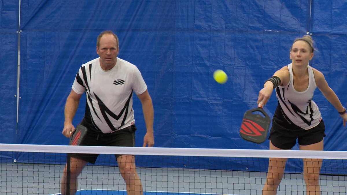 People can be seen playing pickleball Saturday at the brand-new courts located at the Granite Curling Rink in Saskatoon.