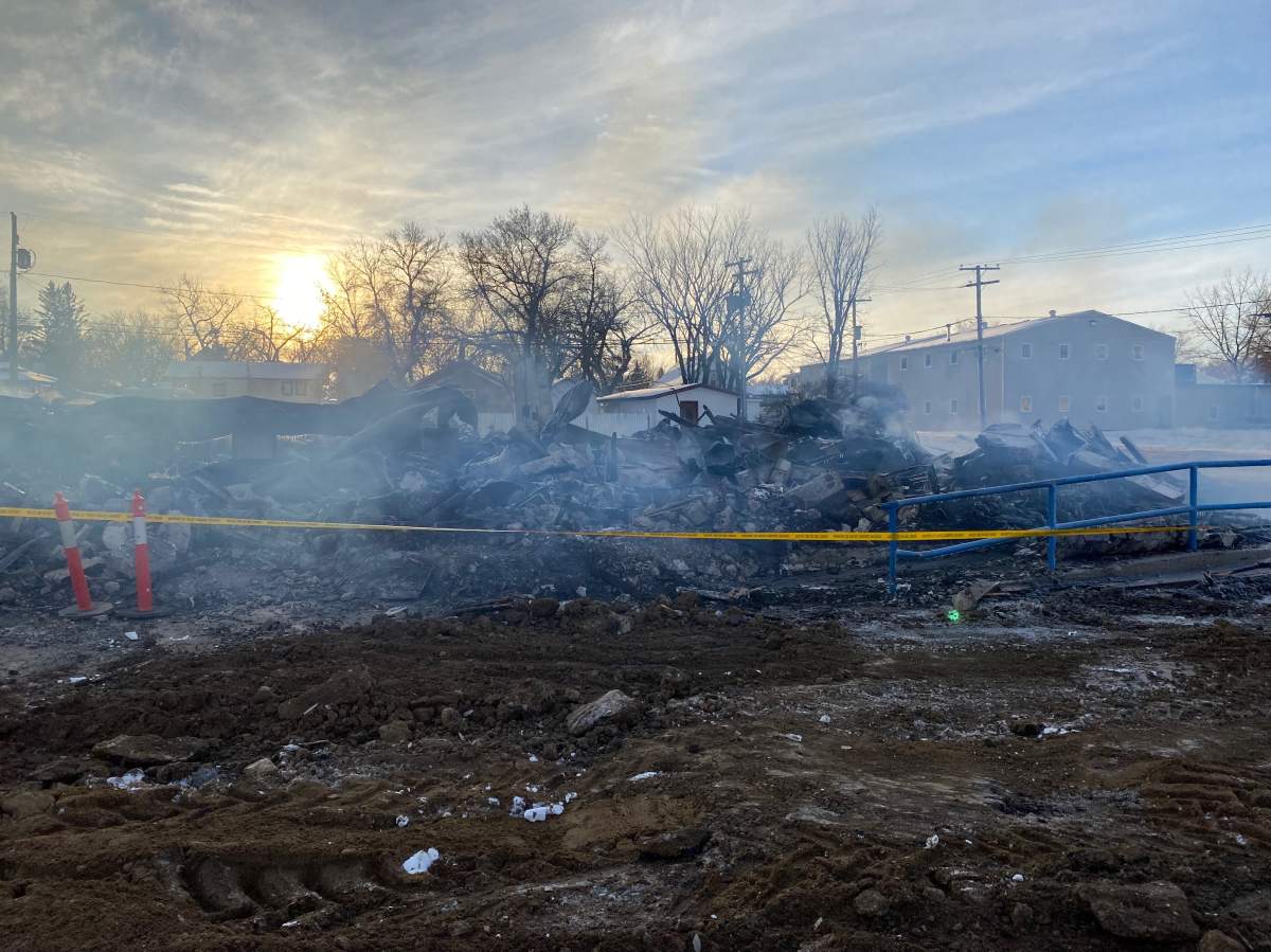 What is left of the Radville town centre can be seen after the fire destroyed buildings standing for over 100 years.