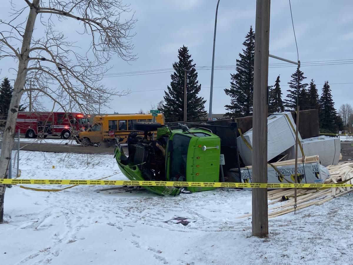 Three children and two drivers were taken to hospital with non-life-threatening injuries Friday, Nov. 4, 2022 after a collision between a school bus and semi in Spruce Grove.