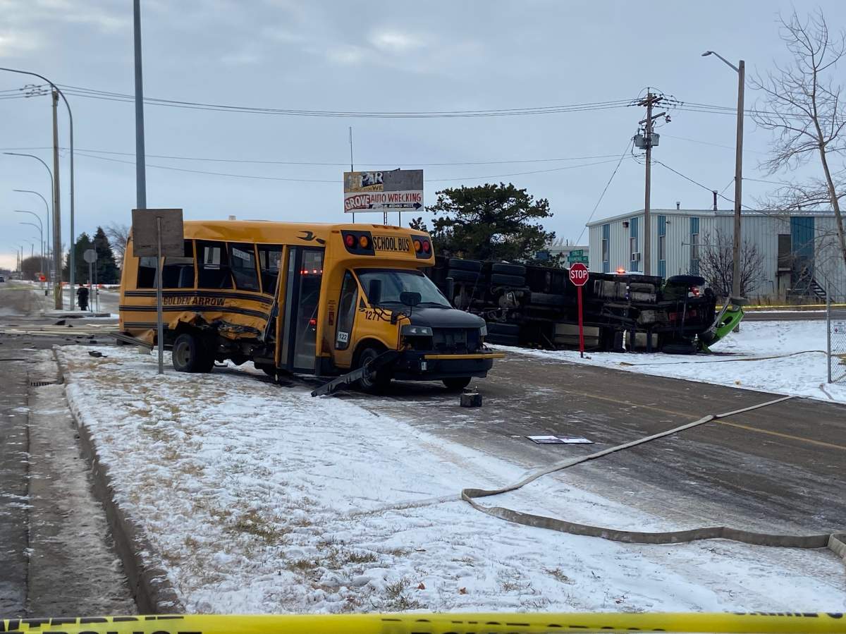 Three children and two drivers were taken to hospital with non-life-threatening injuries Friday, Nov. 4, 2022 after a collision between a school bus and semi in Spruce Grove.
