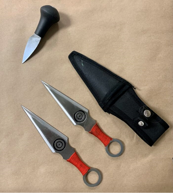 New Westminster police seized three knives from the suspect in an assault on a convenience store worker on Nov. 6, 2022.