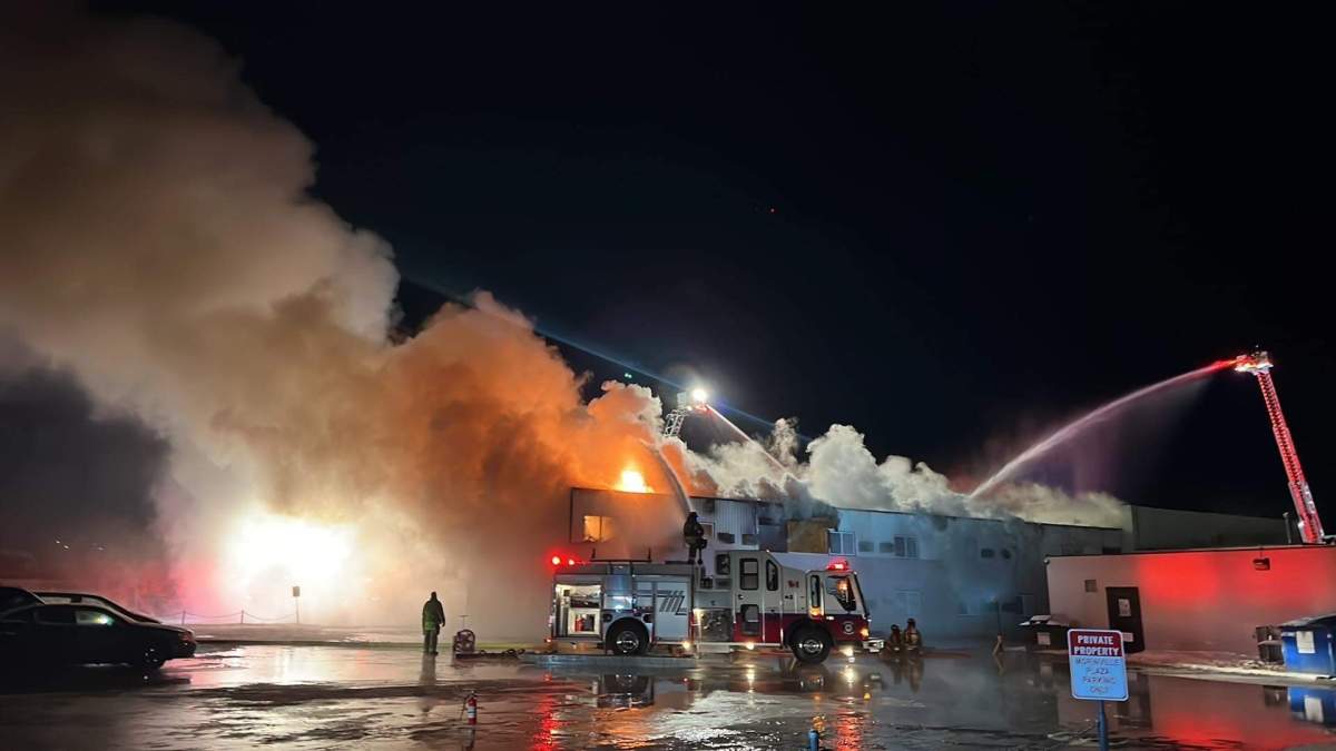 Fire crews battle a blaze at the Morinville Plaza Hotel and Suites Sunday, Nov. 6, 2022.