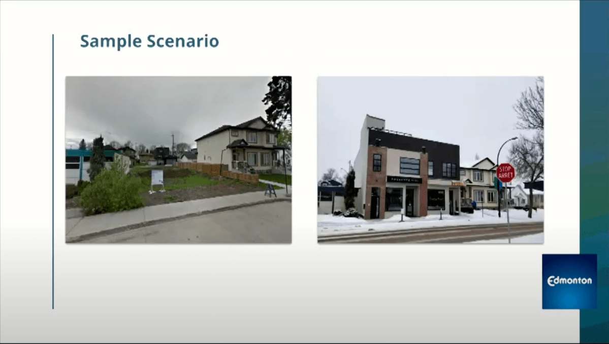 The city used this lot in Bonnie Doon as an example, where a coffee shop and wellness centre was built on a residential lot beside a commercial lot.