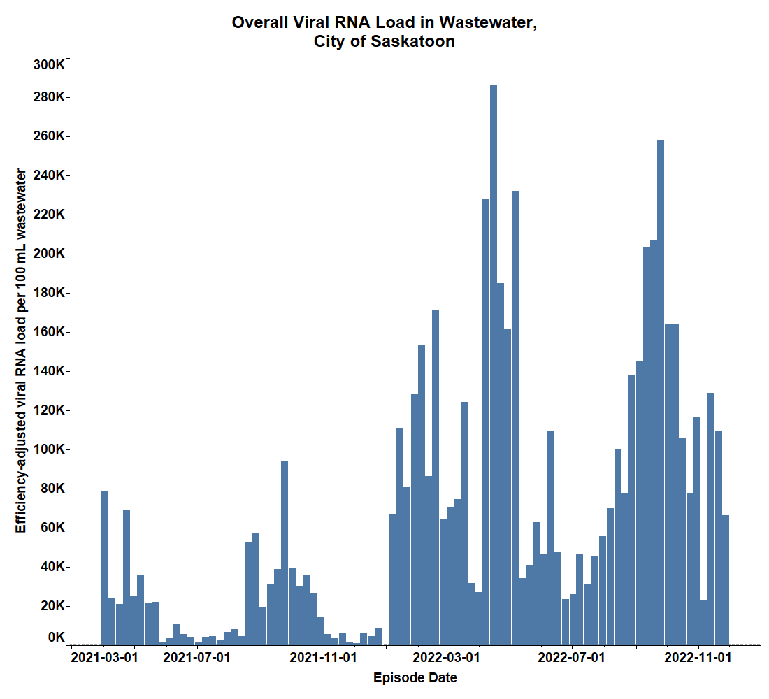 The overall viral load found in the wastewater in Saskatoon.