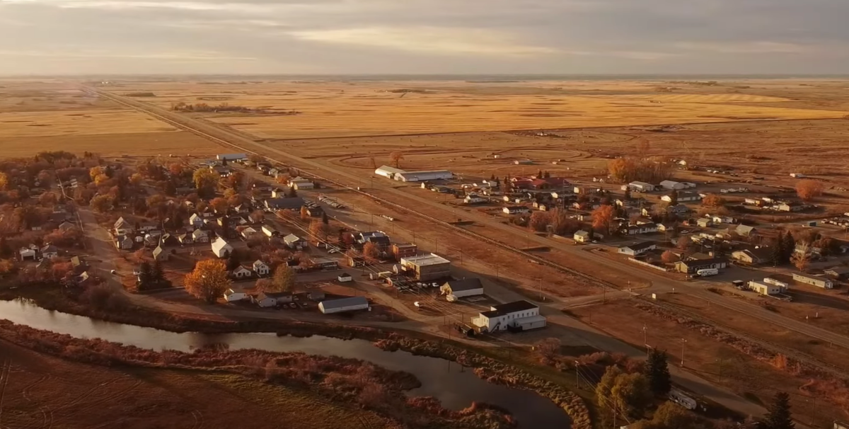 Drone footage capturing Gainsborough, Saskatchewan at sundown.