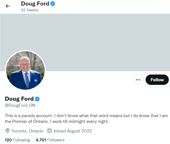 ‘Parody’ Doug Ford account verified on Twitter suspended - image