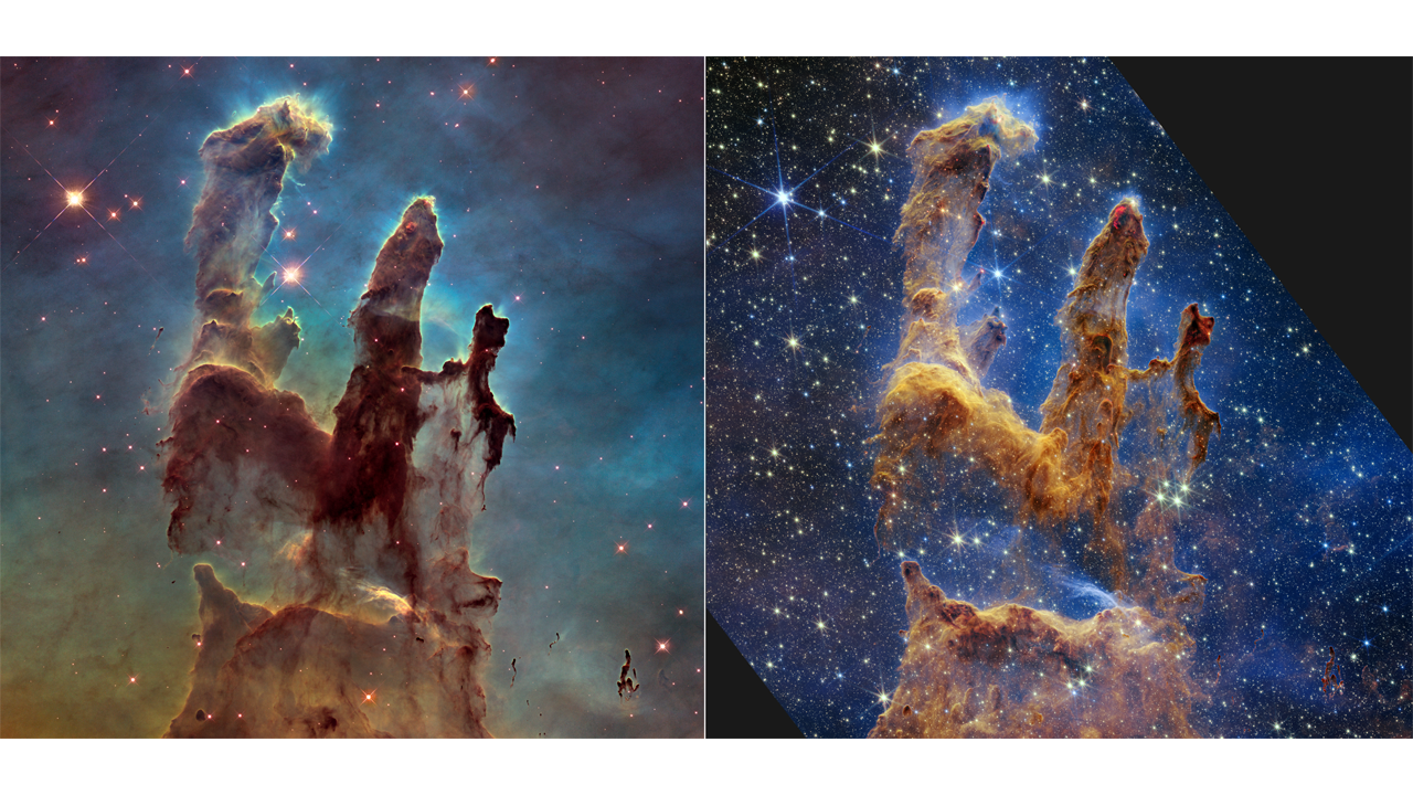 Pillars of Creation. Taken by the Hubble Telescope (L) and James Webb Telescope (R).