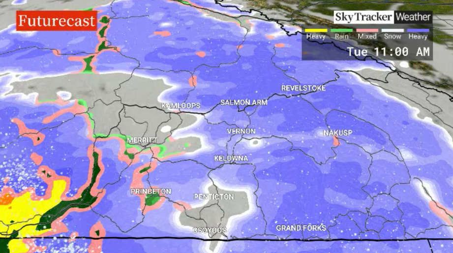 Snow slides back into the Okanagan during the day on Tuesday.