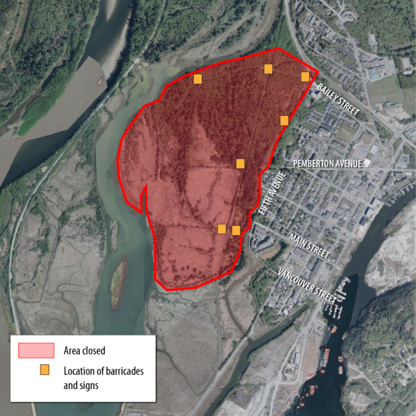 A map showing the closed area in Squamish due to two bear attacks.