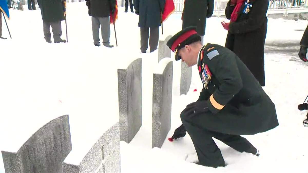 Poppies being placed at a No Stone Left Alone remembrance ceremony at Beechmount Cemetery in Edmonton, Alta. on Monday, Nov. 7, 2022.