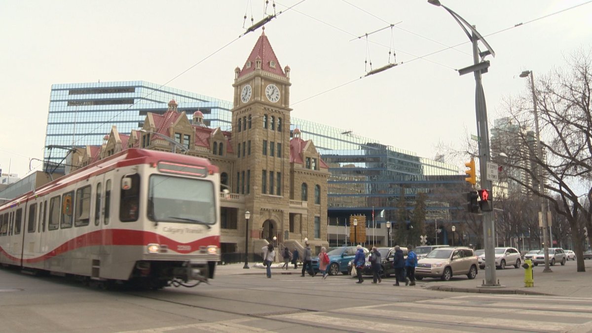A CTrain outside Calgary city hall on November 24, 2022. City of Calgary employees that have been working remotely throughout the pandemic are being asked to return to the office beginning next month.