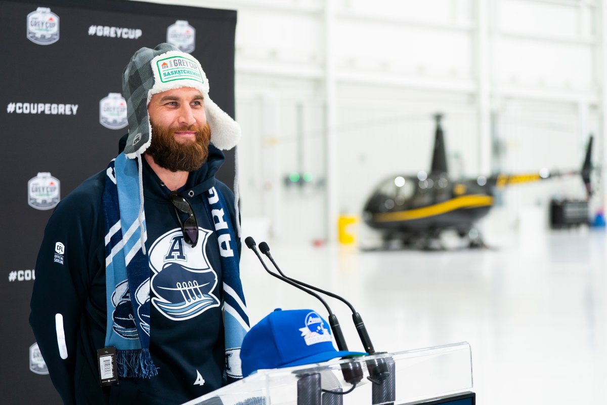 Toronto Argonauts quarterback McLeod Bethel-Thompson can be seen addressing the media after arriving in Regina for the 109th Grey Cup.