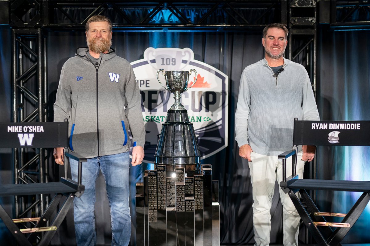 Winnipeg Blue Bombers head coach Mike O'Shea (left) and Toronto Argonauts head coach Ryan Dinwiddie (right) can be seen at a press conference Wednesday, Nov. 16, 2022. 