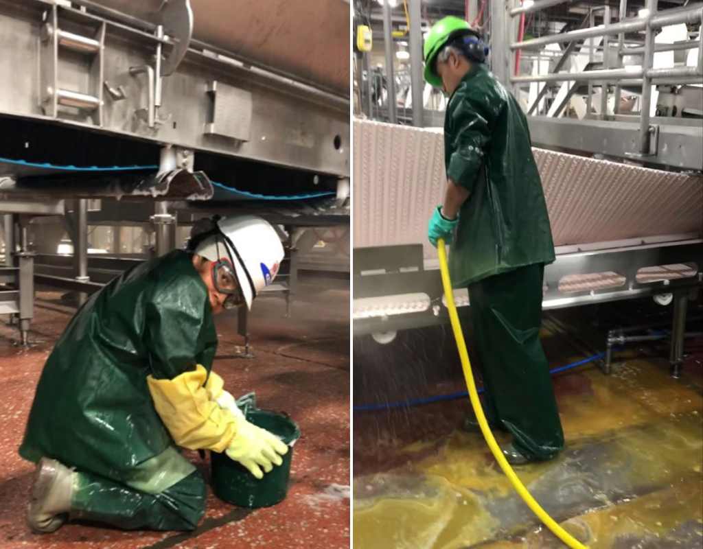 PSSI employee working in the "Ground Beef room" of a meat packing plant in Nebraska.
