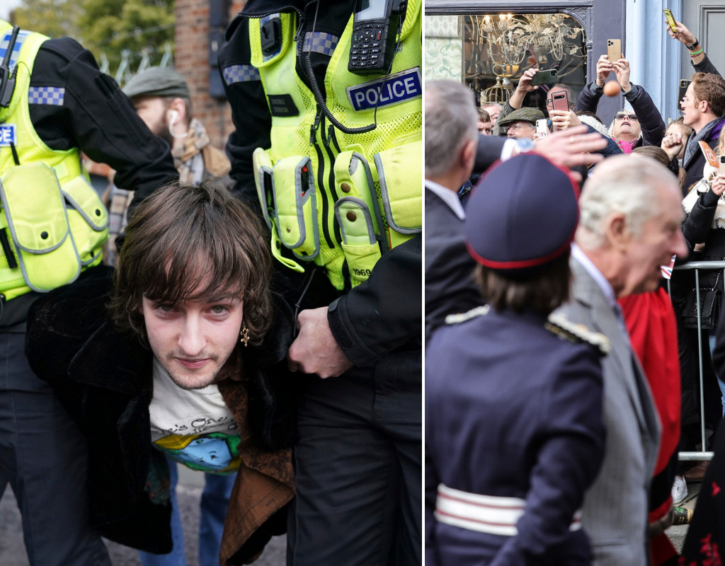 Composite image showing a protestor who was arrested for allegedly throwing eggs at King Charles III (L) and a photo of King Charles showing a thrown egg mid-flight above his head.