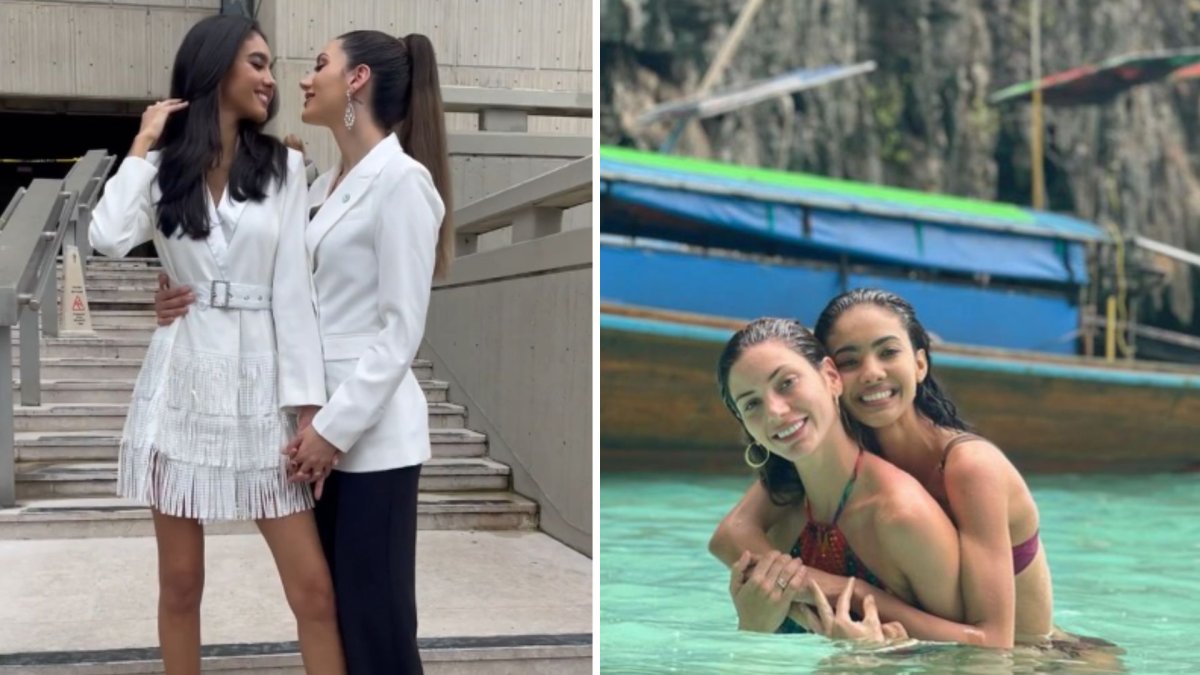 A split photo of Mariana Varela of Argentina and Fabiola Valentín of Puerto Rico. On the left, they are dressed in white, standing in front of a courthouse. On the right, they are embracing on the beach.