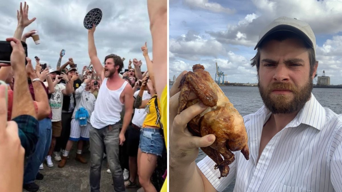 A split photo. In the left, a man in a white tank top holds up an empty chicken tray. On the right, a man in a ball cap grips an entire rotisserie chicken in one hand.