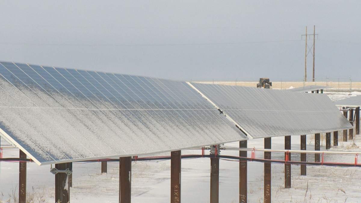 New solar panels stand on Cowessess First Nation land just outside of Regina.