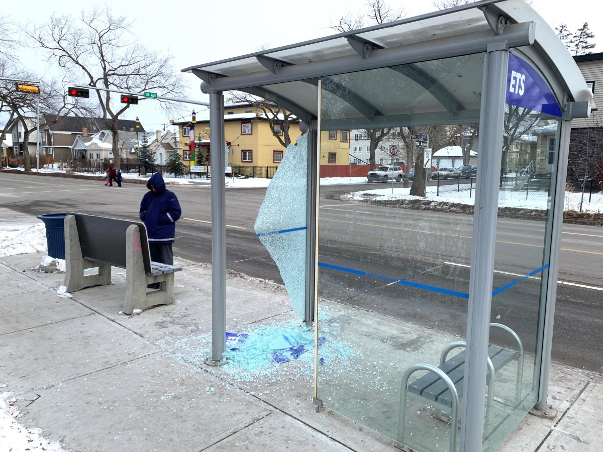 An Edmonton Transit Service bus shelter smashed at 101 Street and 114 Avenue on Nov. 17, 2022.
