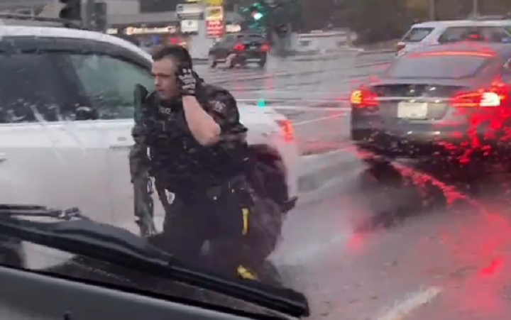 An armed police officer ducks through traffic in Port Coquitlam during a crime spree in November.