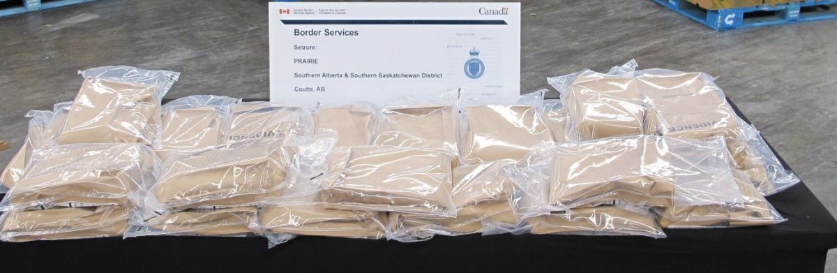 RCMP said 43 kilograms of cocaine was found in a shipment of bananas at the Coutts, Alta., border crossing on Nov. 6 2022.