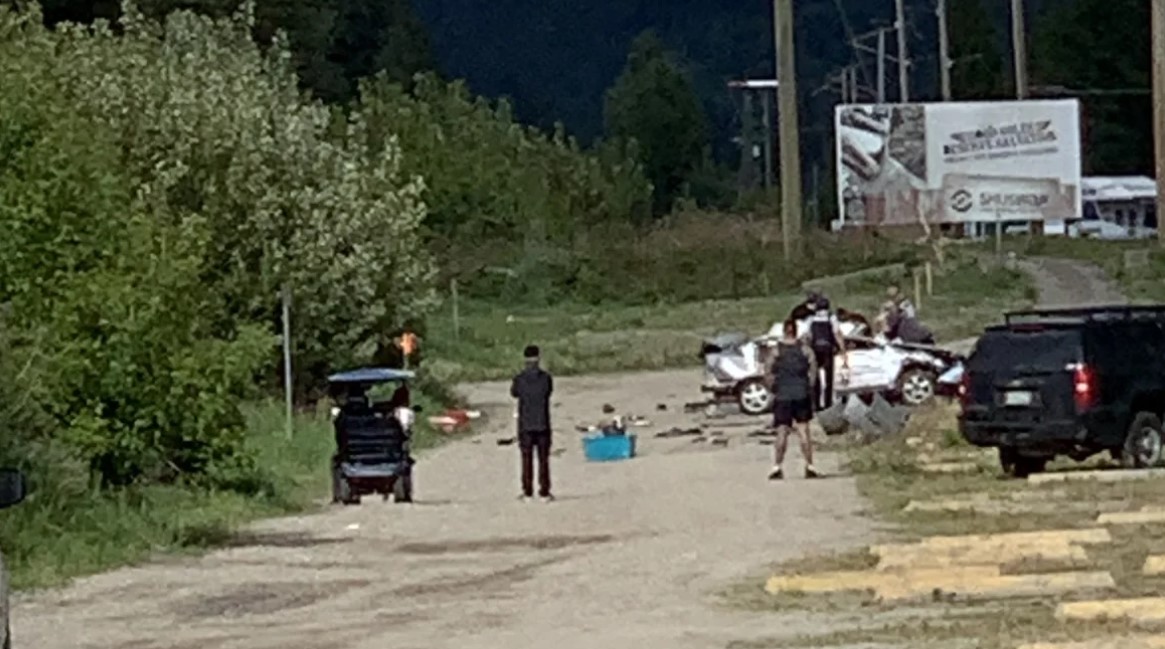 Police say an eastbound vehicle was seen passing multiple vehicles near Salmon Arm, including an unmarked police vehicle. That vehicle later crashed, killing the female passenger.