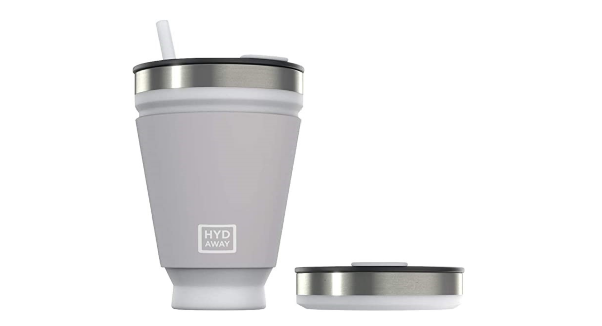 A collapsible mug and lid.