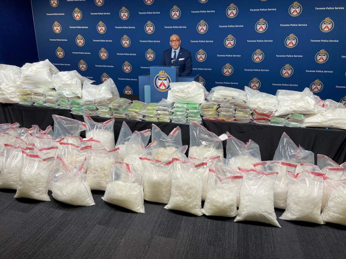 Drugs seized by Toronto Police on display at headquarters on Nov. 17, 2022.