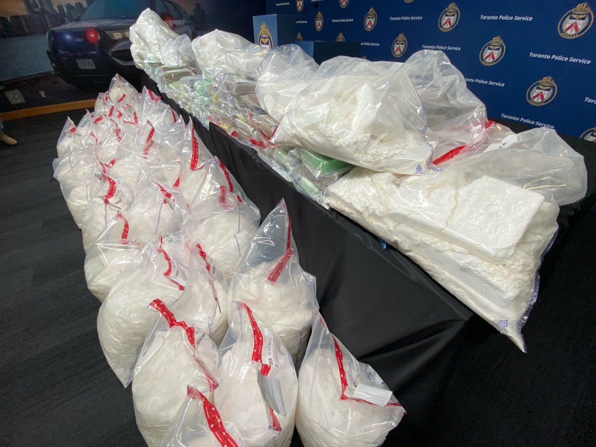 Drugs seized by Toronto Police on display at headquarters on Nov. 17, 2022.