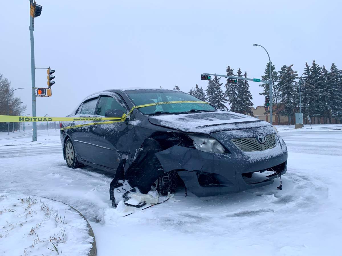 A vehicle involved in a collision in the area of Victoria Trail and 137 Avenue in Edmonton Wednesday, Nov. 2, 2022.