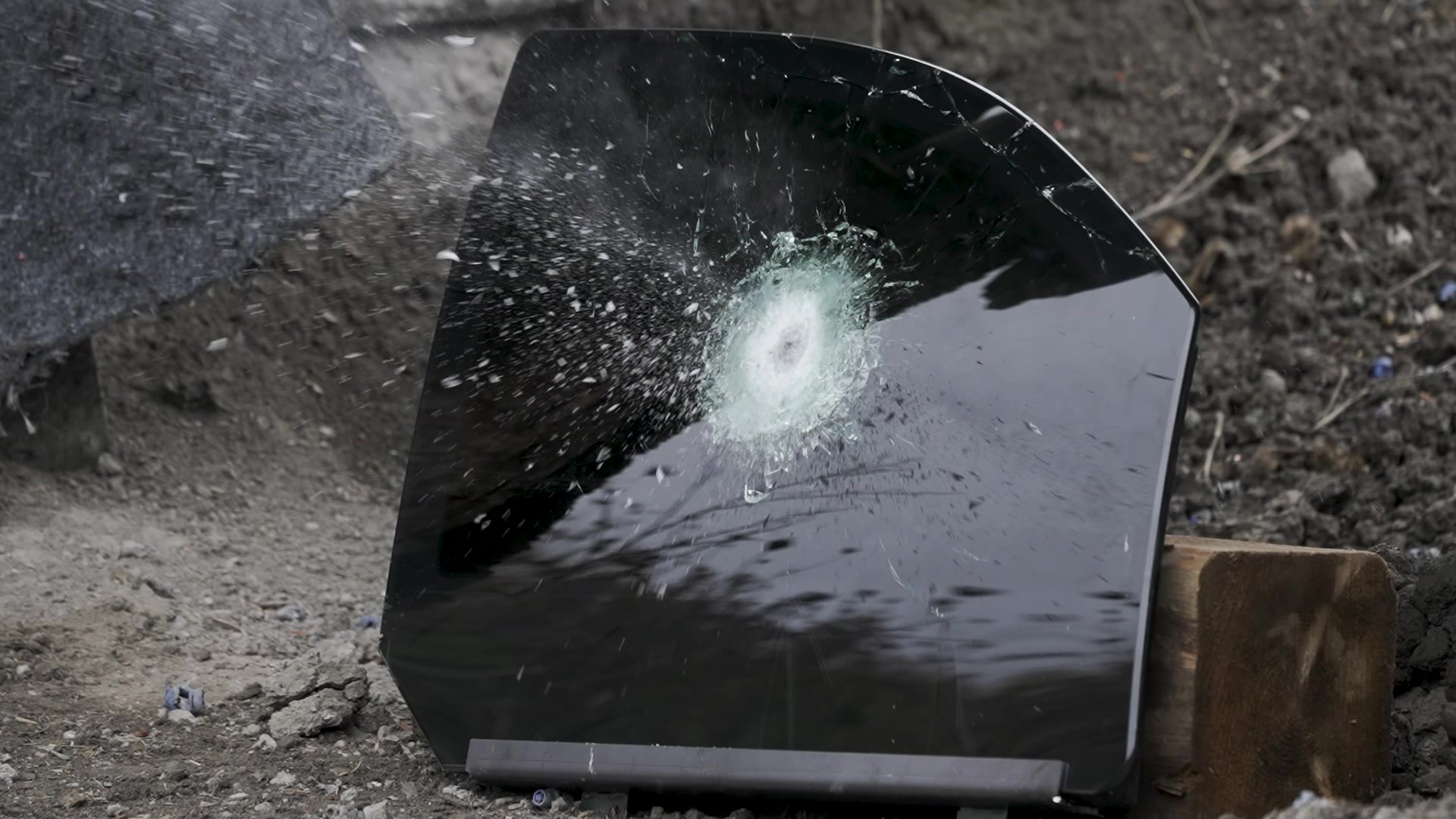 The moment of impact from a round shot by an SKS rifle, during a test of Roshel’s ballistic glass conducted by Global News. The bullet did not go through.