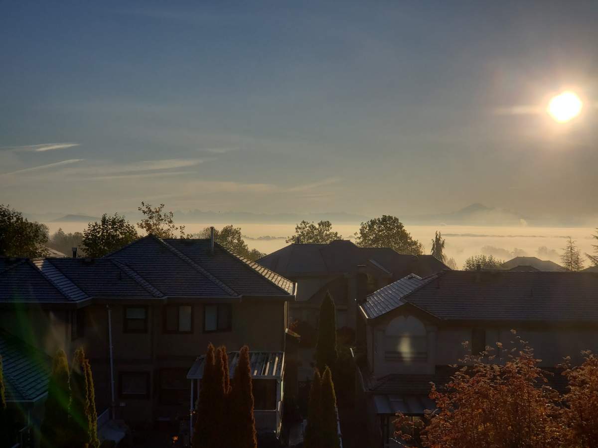 Fog in the Fraser Valley at the confluence of the Pitt and Fraser Rivers.