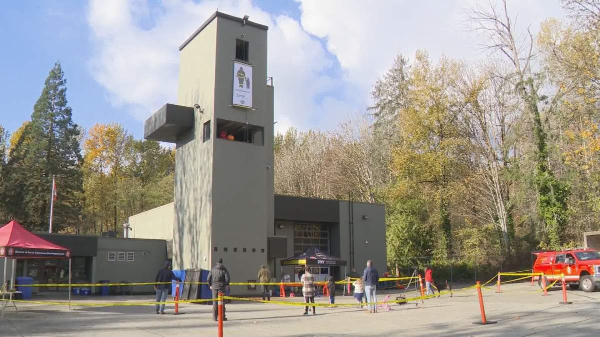 A training hose tower was used to smash the pumpkins in North Vancouver.