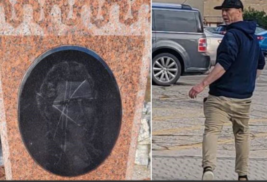 Winnipeg police are looking for this man (right), suspected of damaging Louis Riel's headstone.