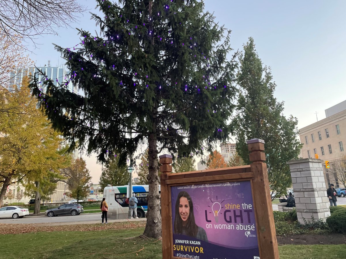 The tree strung with purple lights in Victoria Park.
