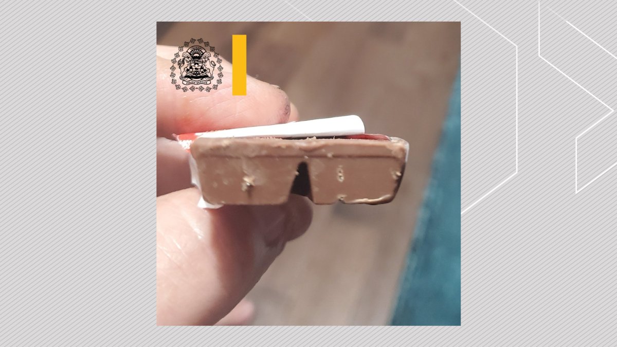 A photograph of an allegedly tampered chocolate bar in Calgary, reported to police on Nov. 4, 2022.