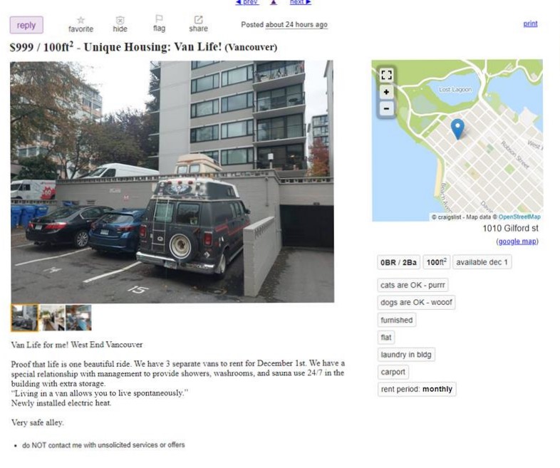 Ad Offering Van With Perks For 999 Month In Vancouver Vanishes From   Van Life Posting 