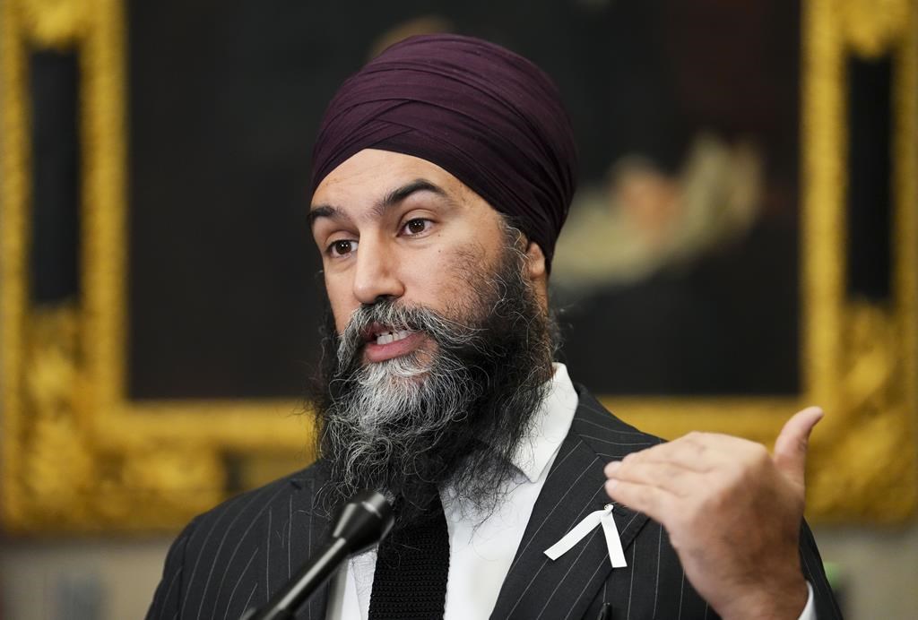 NDP leader Jagmeet Singh speaks to reporters in the foyer prior to question period in the House of Commons on Parliament Hill in Ottawa, on Wednesday, Nov. 30, 2022.
