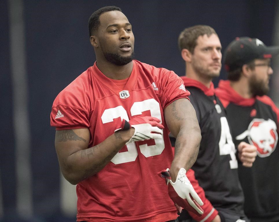 Jerome Messam is shown at practice for the 104th Grey Cup in Toronto on Nov. 25, 2016. The former running back with the Calgary Stampeders, who filmed a sexual encounter with a woman without her permission, will have a criminal record as a result of an 18-month suspended sentence.
