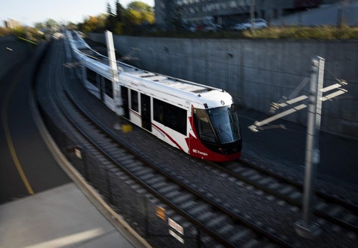 An LRT train departs Lees Station in Ottawa, on Friday, Oct. 11, 2019. Ottawa city council voted against a motion to defer the recommendation to eliminate citizen representation on the Transit Commission. 