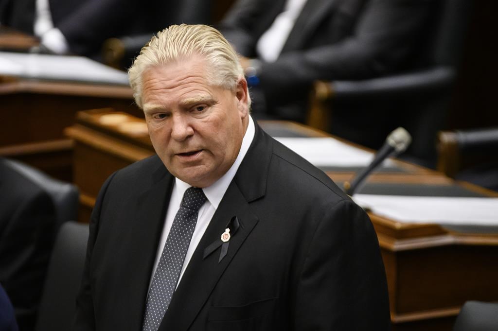 Ontario Premier Doug Ford speaks inside the legislature, in Toronto on Wednesday September 14, 2022. First Nations across Ontario are calling for the repeal of a new housing bill that Indigenous leaders say was passed without constitutionally required consultations on its possible environmental consequences on their territories.THE CANADIAN PRESS/Christopher Katsarov.