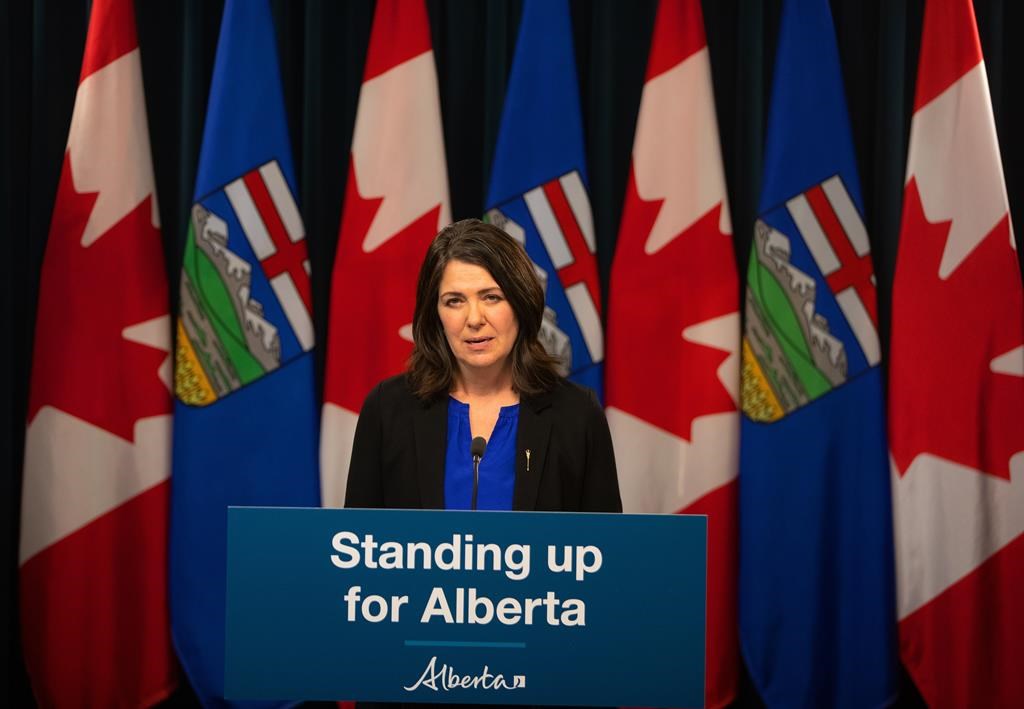 Alberta Premier Danielle Smith speaks at a press conference after the throne speech in Edmonton, on Tuesday, Nov. 29, 2022. Smith penned an open letter to Prime Minister Justin Trudeau Thursday outlining her requests for upcoming 'Just Transition' legislation.