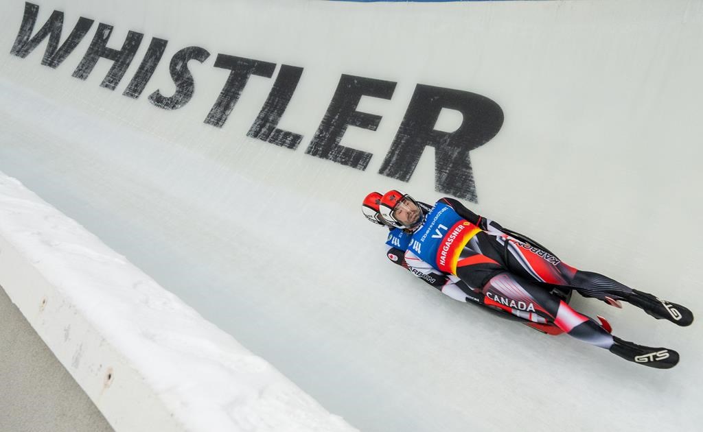 Canada's Tristan Walker and Justin Snith are shown during the Eberspacher Luge World Cup in Whistler, B.C., on Saturday, Dec. 10, 2022.