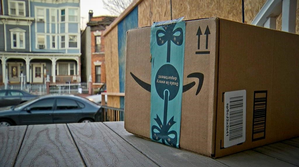 This image taken from video shows an Amazon package on the porch. THE CANADIAN PRESS/AP-Robert Bumsted.