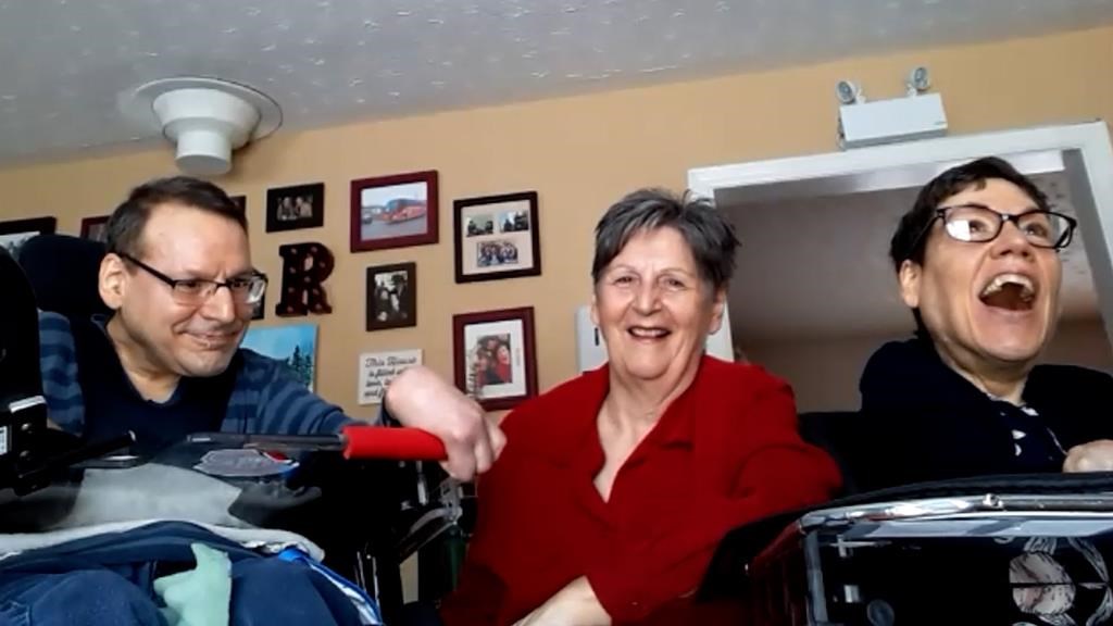 In a screengrab from a recorded zoom interview Dianne Cormier Northrup (centre) with her son Robert Chamberlain and daughter Lynn Chamberlain talk with The Canadian Press about the province’s new Supported Decision-Making and Representation Act. The new bill allows the children to appoint their mother and others to be people who support them when they are communicating important financial, health and personal decisions. The zoom screen grab was taken at the brother and sister’s home in Bathurst, N.B. THE CANADIAN PRESS/CP