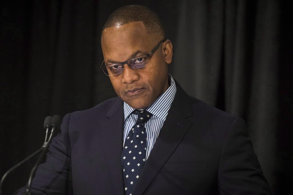 Justice Michael Tulloch discusses a report from the Independent Street Checks Review looking at Ontario's regulation on police street cheeks during a press conference at the Chelsea Hotel in Toronto, Friday, January 4, 2019.