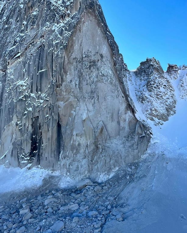 The aftermath of a rockfall on the northeast side of Snowpatch Spire in Bugaboo Provincial Park, B.C., is seen in an undated handout photo.