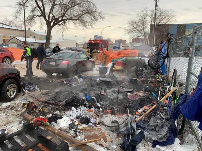 In this police handout picture is the aftermath of an encampment fire at 105A Ave. and 96 St. on Dec. 13, 2022.